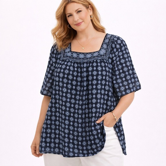 J. Jill Tops - J. Jill Wearever Navy Blue Medallion Square Neck Blouse XL Travel Minimalist